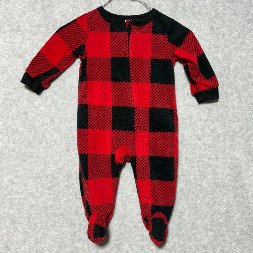 Baby 3-6M Lot of 2 Fleece Zip-Up 1-Piece Red Plaid Blue Penguin Pajama Footies